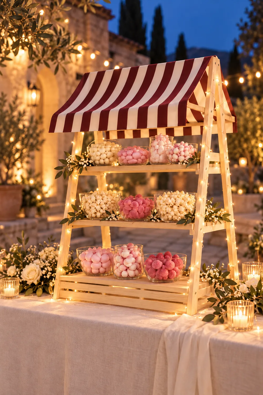 Ambientación recreada de candy bar de madera con luces cálidas para una boda de noche